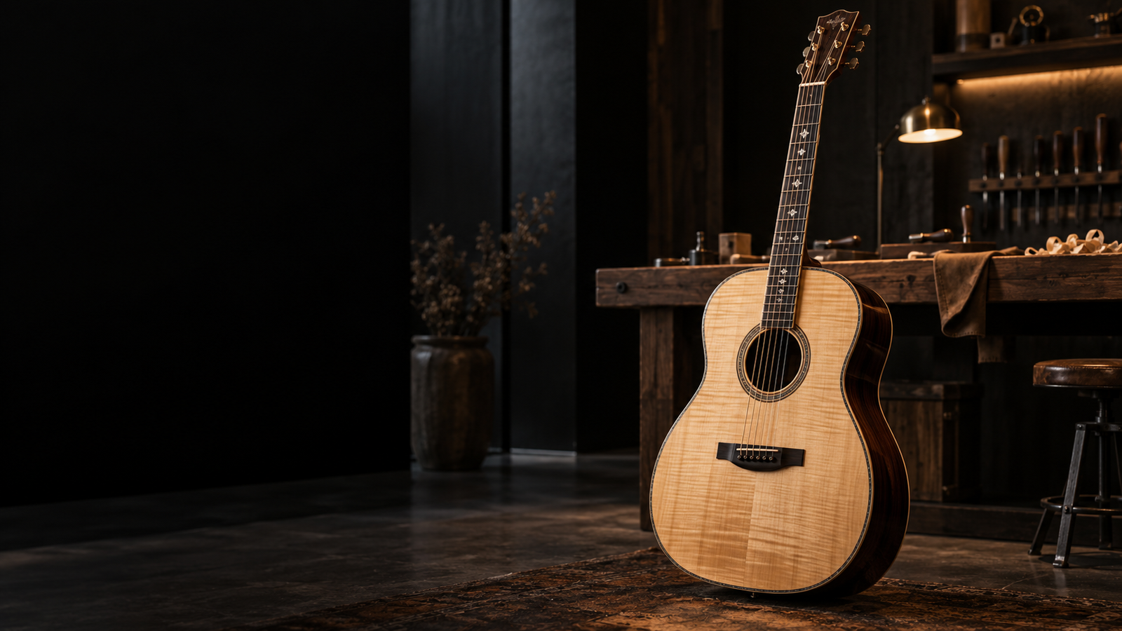 Violão artesanal de alto padrão em uma oficina de luthieria